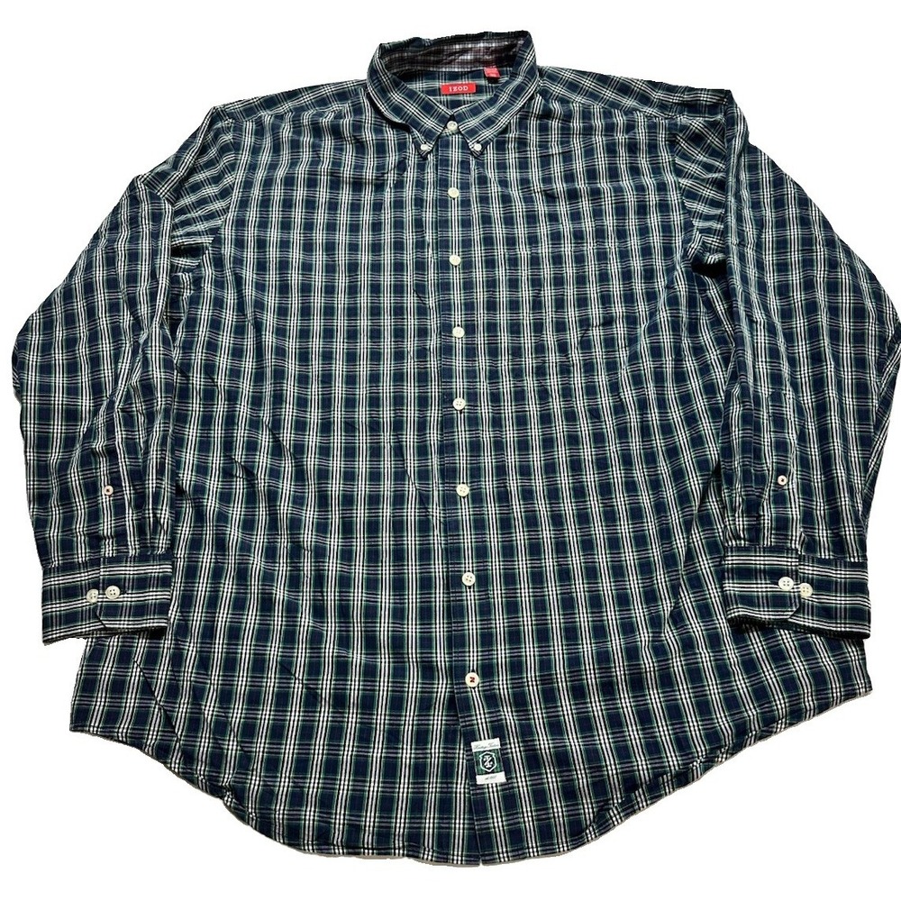 IZOD Mens Long Sleeve Shirt Casual Business Work Flip Cuff Blue Green Plaid 2XLT